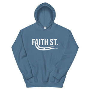 
                  
                    Load image into Gallery viewer, Indigo Blue Pullover Hoodie Faith Street with A turning into train rails graphic
                  
                