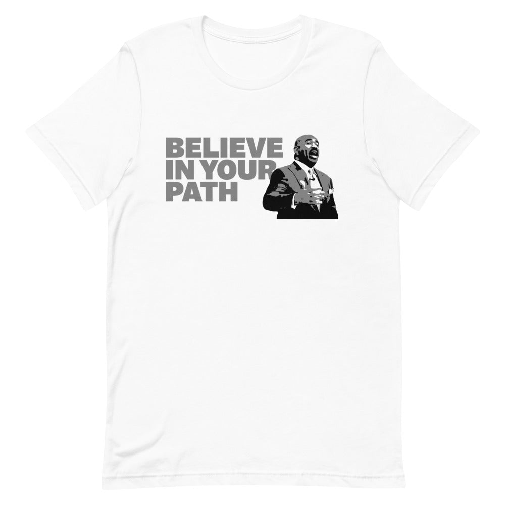 
                  
                    Load image into Gallery viewer, White Short Sleeve Crew Neck With Believe In Your Path text in grey and Steve Harvey Torso Graphic
                  
                
