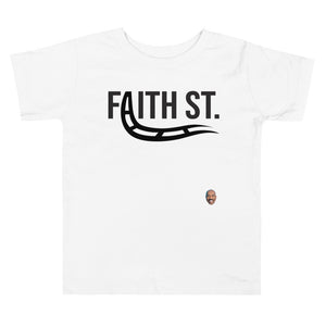
                  
                    Load image into Gallery viewer, White T-Shirt Faith Street with A turning into train rails graphic
                  
                