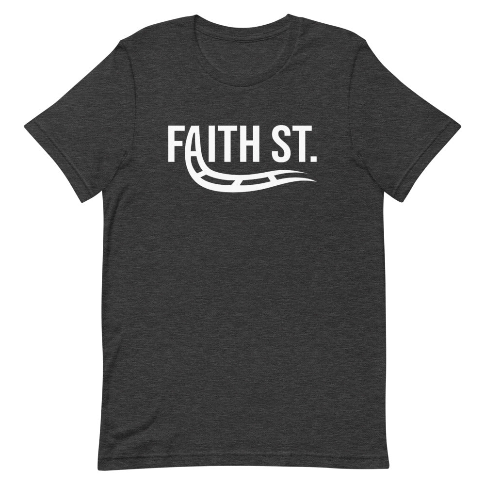 Grey T-Shirt with Faith Street with A turning into train rails graphic
