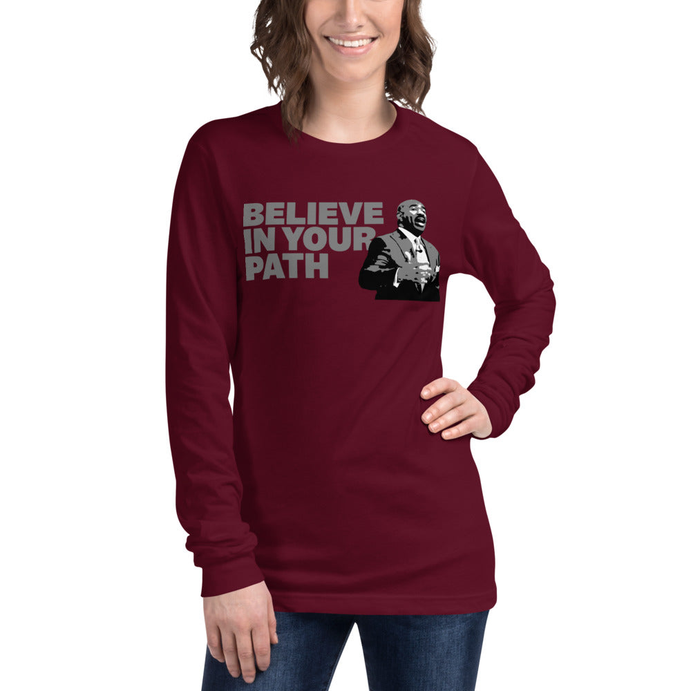Female modeling Burgandy Long Sleeve Crew Neck With Believe In Your Path text in grey and Steve Harvey Torso Graphic