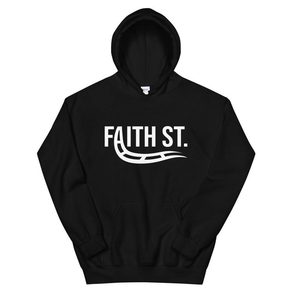 
                  
                    Load image into Gallery viewer, Black Pullover Hoodie Faith Street with A turning into train rails graphic
                  
                