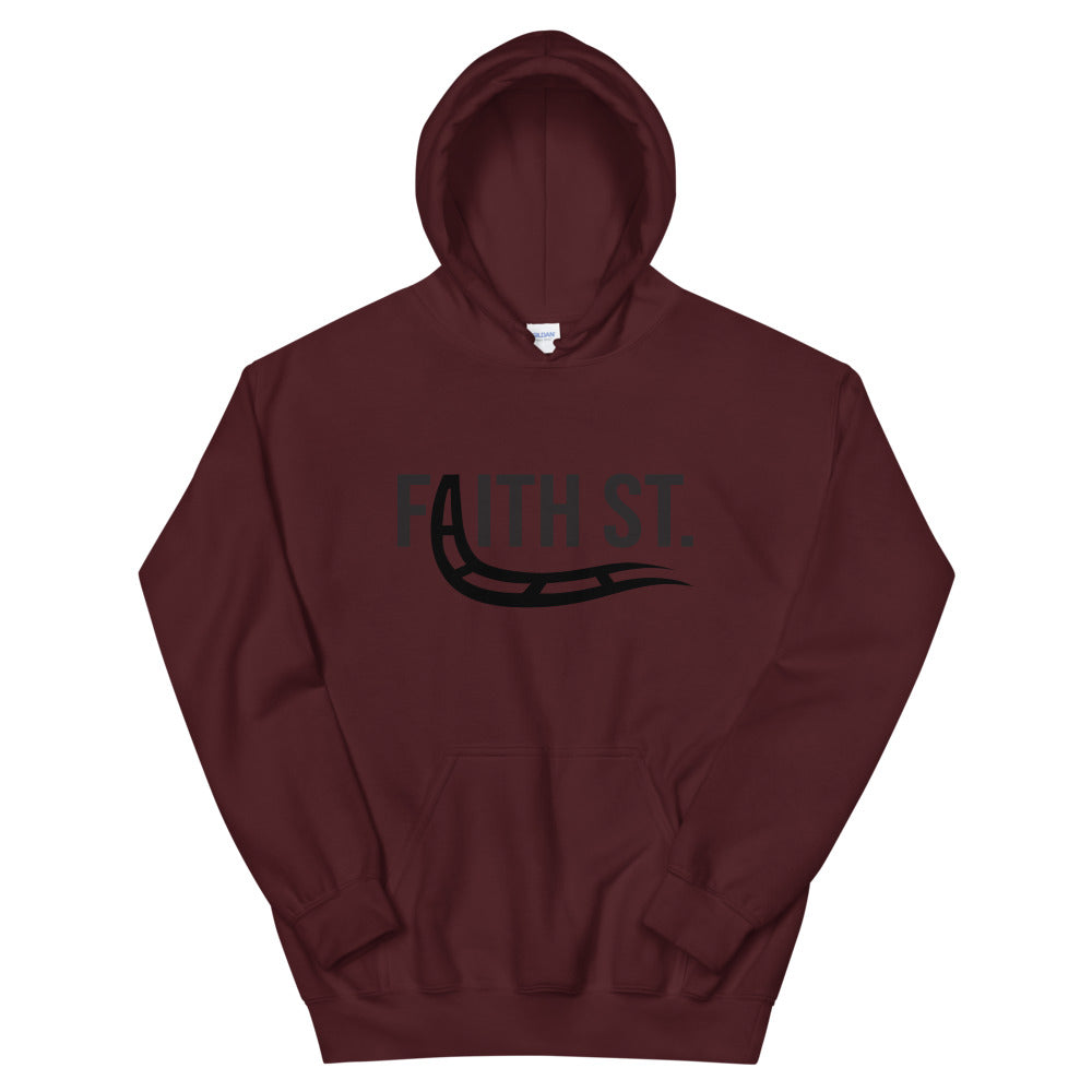 
                  
                    Load image into Gallery viewer, Maroon Pullover Hoodie Faith Street with A turning into train rails graphic
                  
                