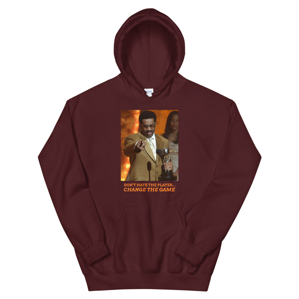 Maroon Pullover Hoodie with image of Steve Harvey winning award pointing with the words "Don't Hate The Player... Change The Game" below the image