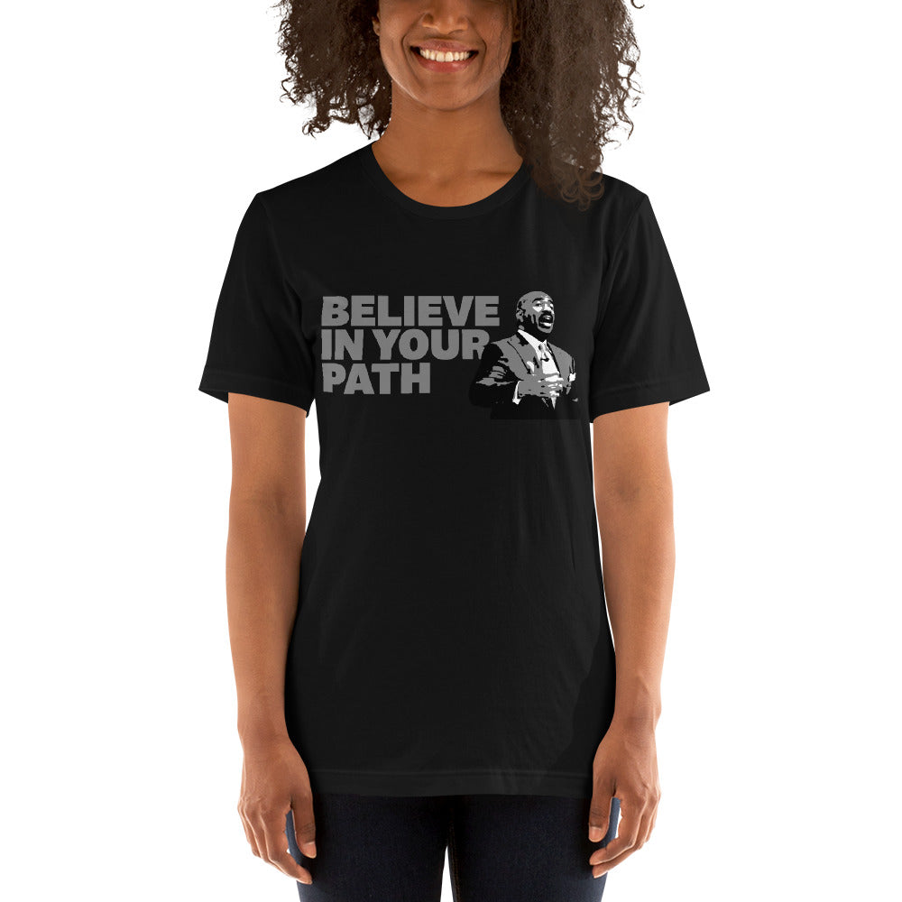 
                  
                    Load image into Gallery viewer, Female modeling Black Short Sleeve Crew Neck With Believe In Your Path text in grey and Steve Harvey Torso Graphic
                  
                