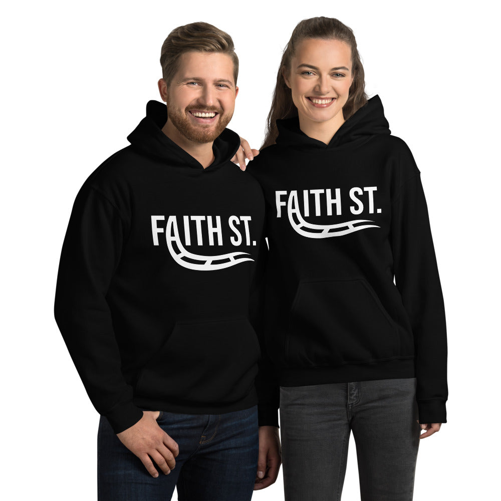 Male and Female modeling Black Pullover Hoodie Faith Street with A turning into train rails graphic