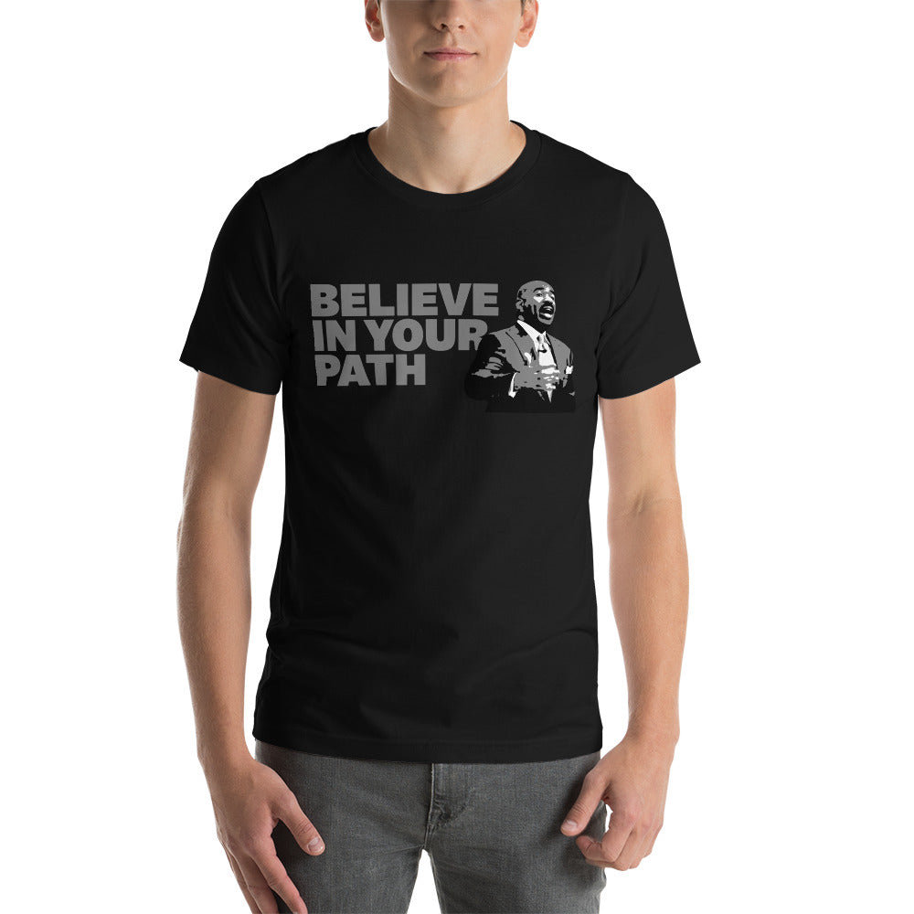 
                  
                    Load image into Gallery viewer, Male modeling Black Short Sleeve Crew Neck With Believe In Your Path text in grey and Steve Harvey Torso Graphic
                  
                