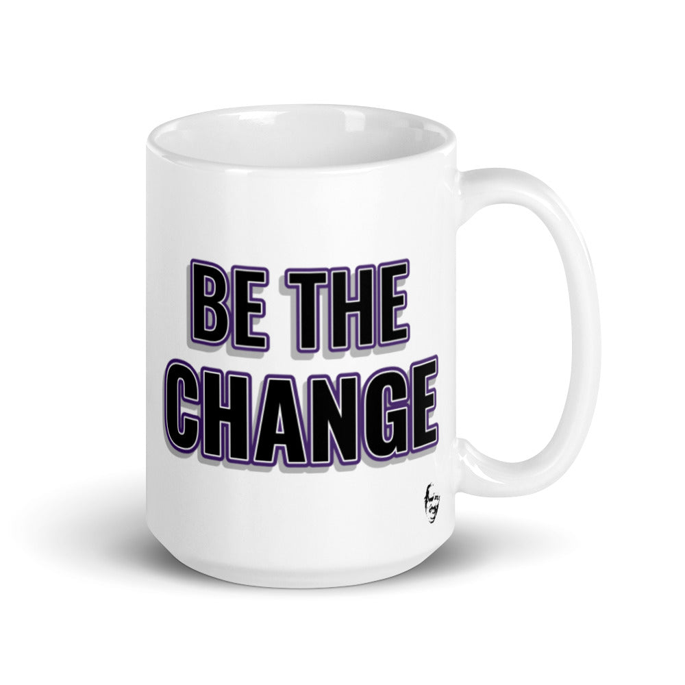 
                  
                    Load image into Gallery viewer, Image of white mug with &amp;quot;I Am The Change&amp;quot; font is black with purple outline and shadowing Steve Harvey head in lower corner
                  
                