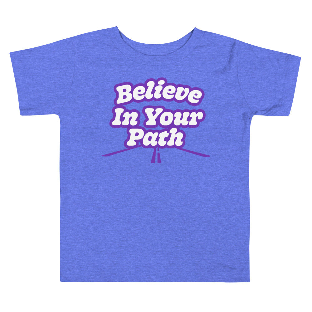 
                  
                    Load image into Gallery viewer, Blue Toddler T-Shirt with Believe In Your Path written in white with purple outline and road graphic at the bottom
                  
                