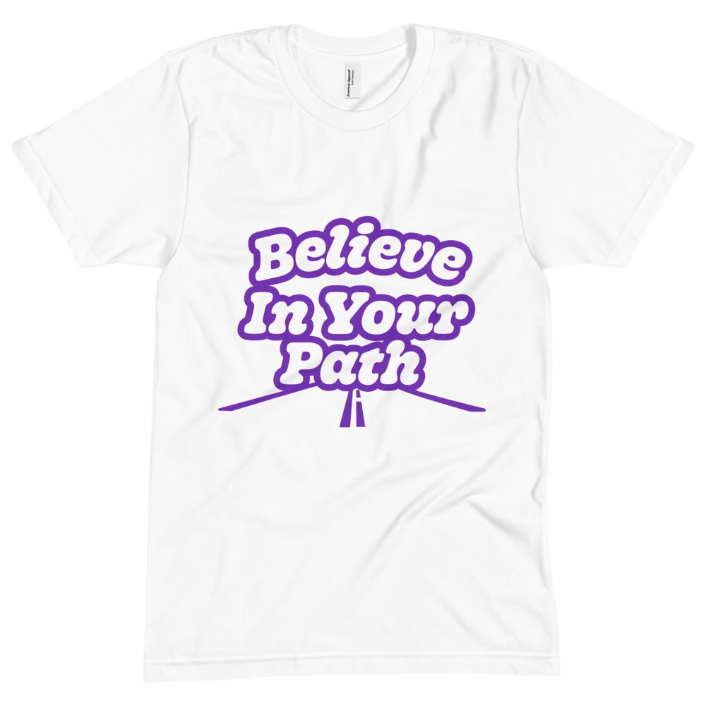 White Short Sleeve T-Shirt with Believe In Your Path text in white outlined in purple with road graphic at the bottom