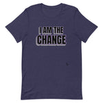 Heather Midnight Navy Unisex	T-Shirt with "I Am The Change" in all caps black text with purple outline