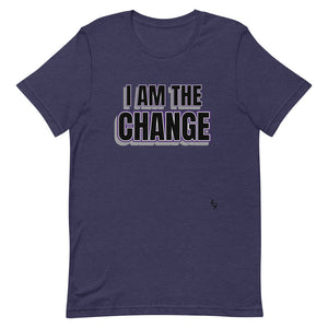
                  
                    Load image into Gallery viewer, Heather Midnight Navy Unisex	T-Shirt with &amp;quot;I Am The Change&amp;quot; in all caps black text with purple outline
                  
                