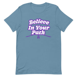 
                  
                    Load image into Gallery viewer, Steel Blue Short Sleeve T-Shirt with Believe In Your Path text in white outlined in purple with road graphic at the bottom
                  
                