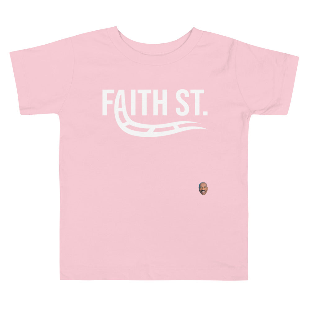 
                  
                    Load image into Gallery viewer, Pink T-Shirt Faith Street with A turning into train rails graphic
                  
                