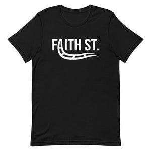 
                  
                    Load image into Gallery viewer, Black T-Shirt with Faith Street with A turning into train rails graphic
                  
                