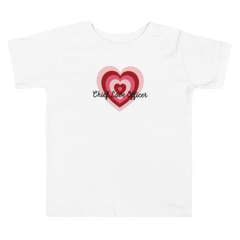White Toddler T-Shirt Layered heart with Chief Love Officer in black cursive text