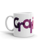 White Mug "Gratitude" every few letters the color is different and a text is horizontally misaligned-side view "Grati"