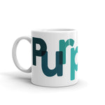 White Mug with "Purpose" every few letters the color is different and a text is horizontally misaligned - side view - "purp"