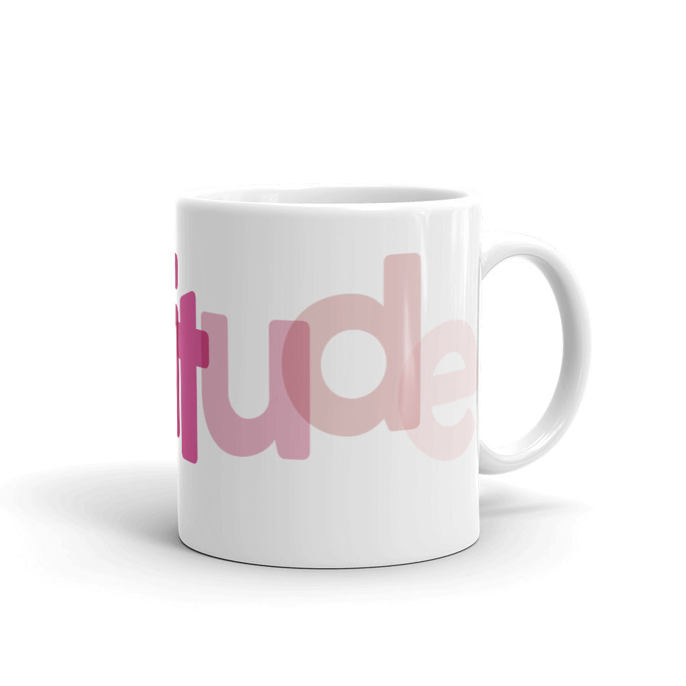 
                  
                    Load image into Gallery viewer, White Mug &amp;quot;Gratitude&amp;quot; every few letters the color is different and a text is horizontally misaligned-side view &amp;quot;tude&amp;quot;
                  
                